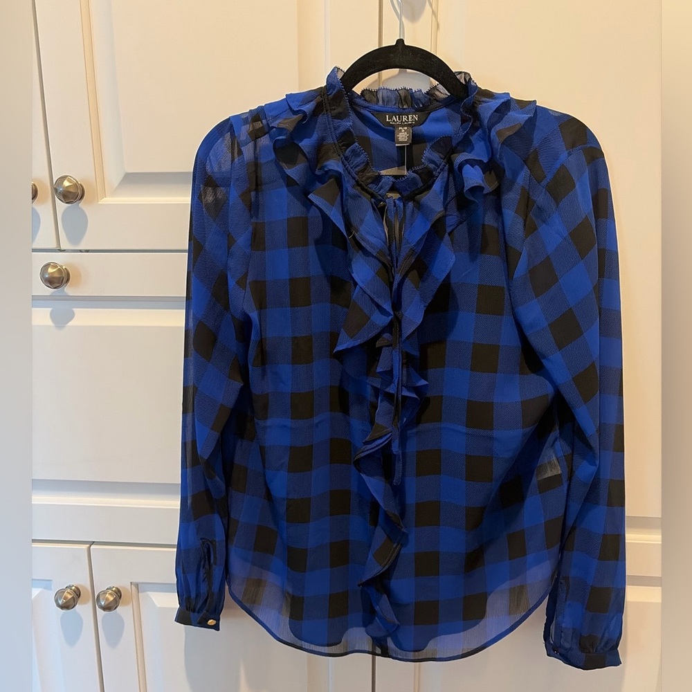Lauren Ralph Lauren || Sheer Ruffle Buffalo Check Blouse || Size PL – NWT